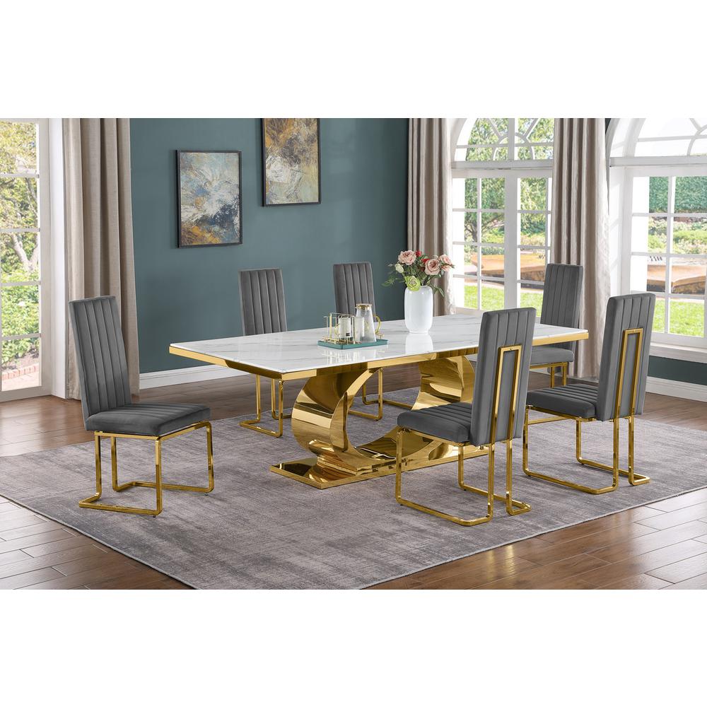7pc Large(87″) marble top dining set with gold base and 6 Dark grey side chairs