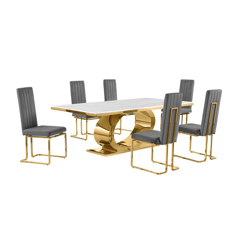 7pc Large(87″) marble top dining set with gold base and 6 Dark grey side chairs