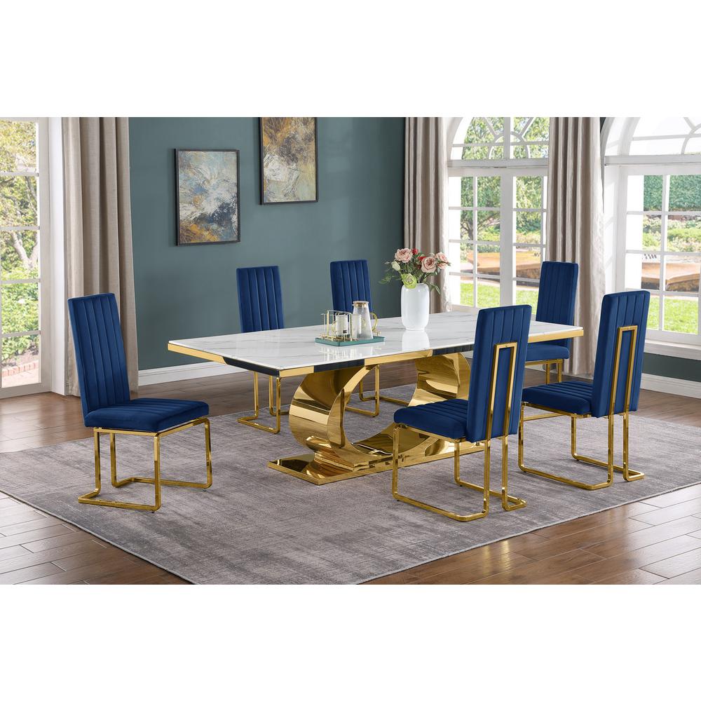 7pc Large(87″) marble top dining set with gold base and 6 Navy blue side chairs