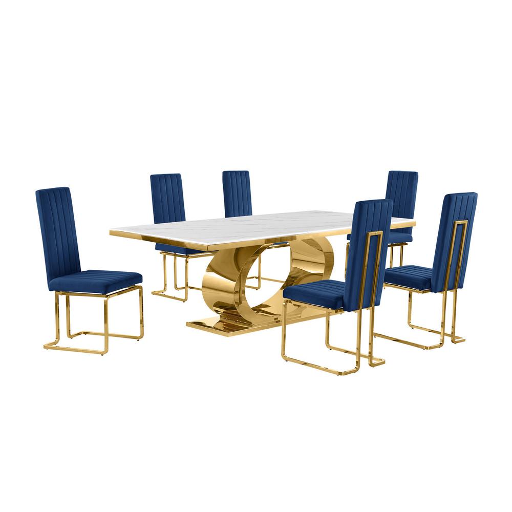 7pc Large(87″) marble top dining set with gold base and 6 Navy blue side chairs