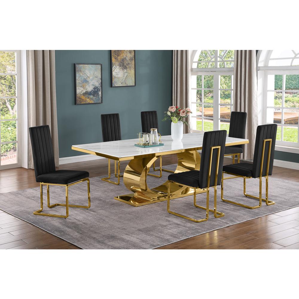 7pc Large(87″) marble top dining set with gold base and 6 Black side chairs