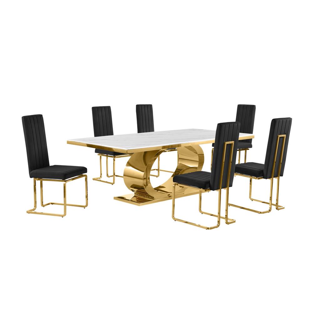 7pc Large(87″) marble top dining set with gold base and 6 Black side chairs