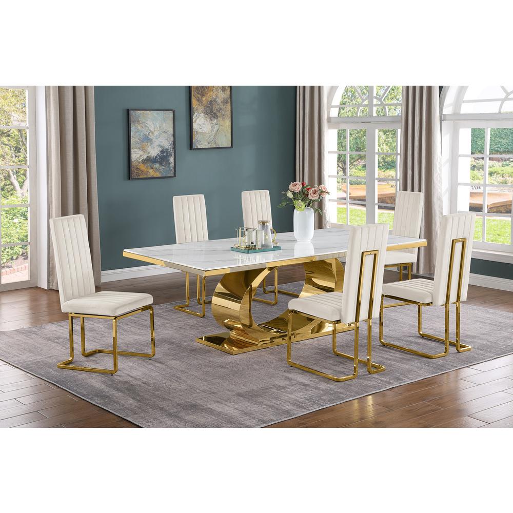 7pc Large(87″) marble top dining set with gold base and 6 Cream side chairs