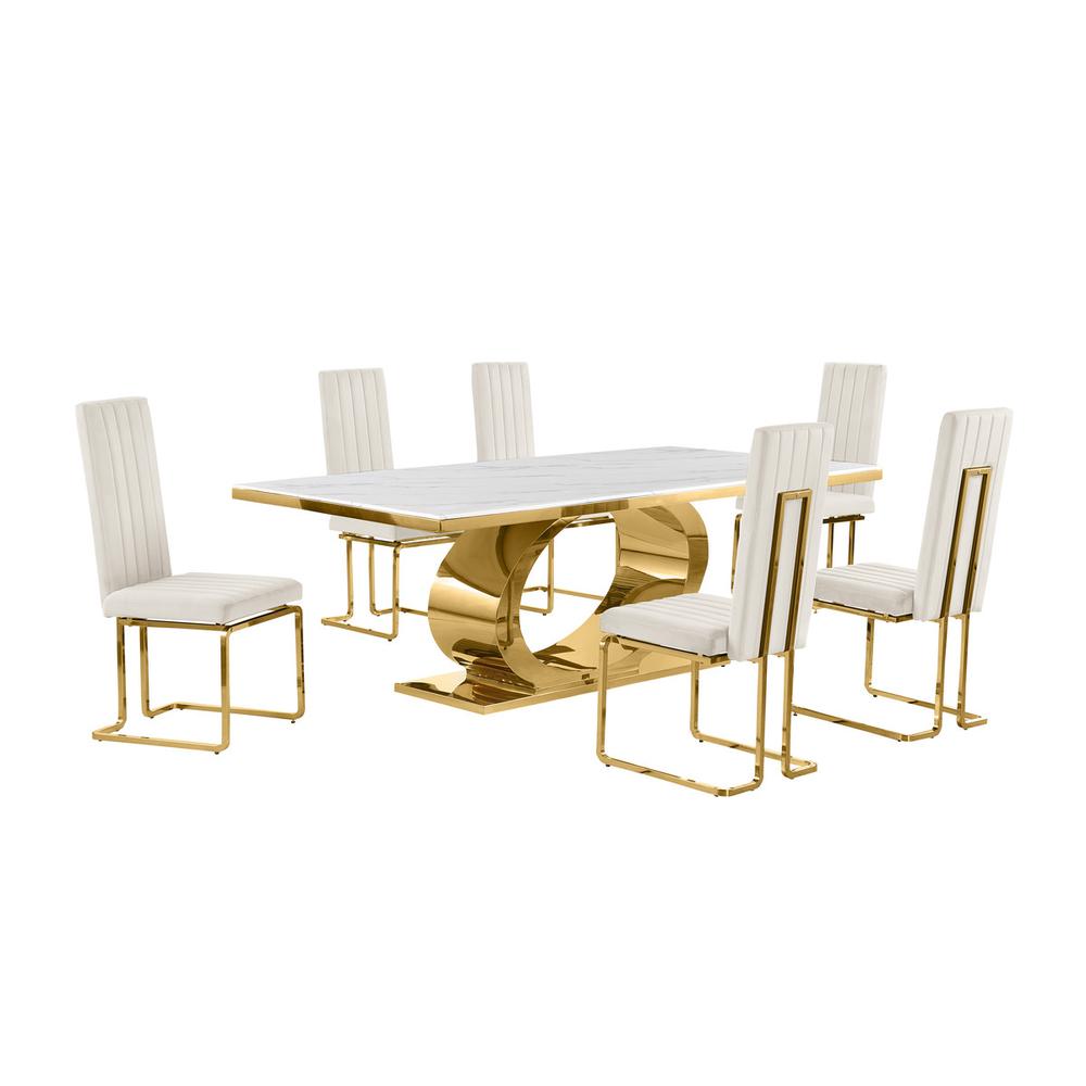 7pc Large(87″) marble top dining set with gold base and 6 Cream side chairs