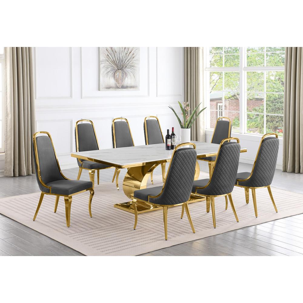 9pc Large(87″) marble top dining set with gold base and 8 Dark grey side chairs