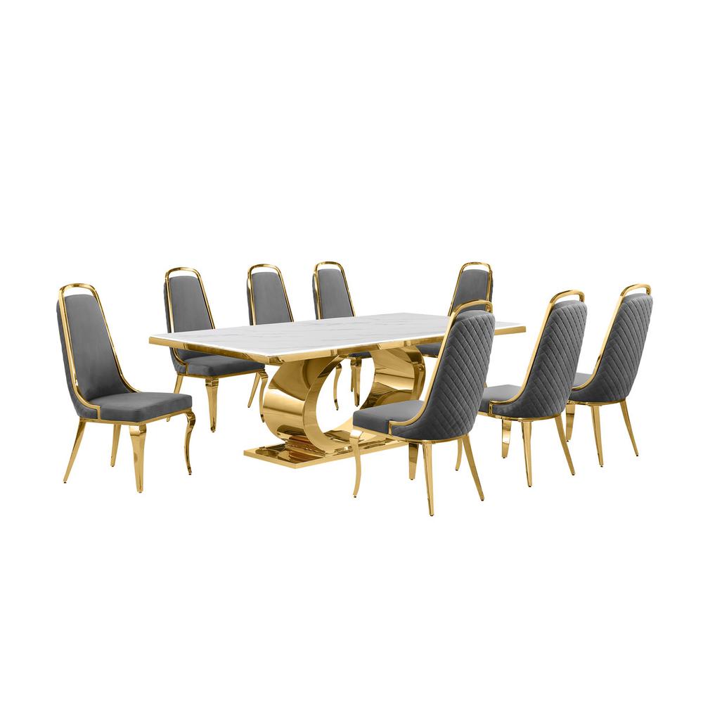 9pc Large(87″) marble top dining set with gold base and 8 Dark grey side chairs