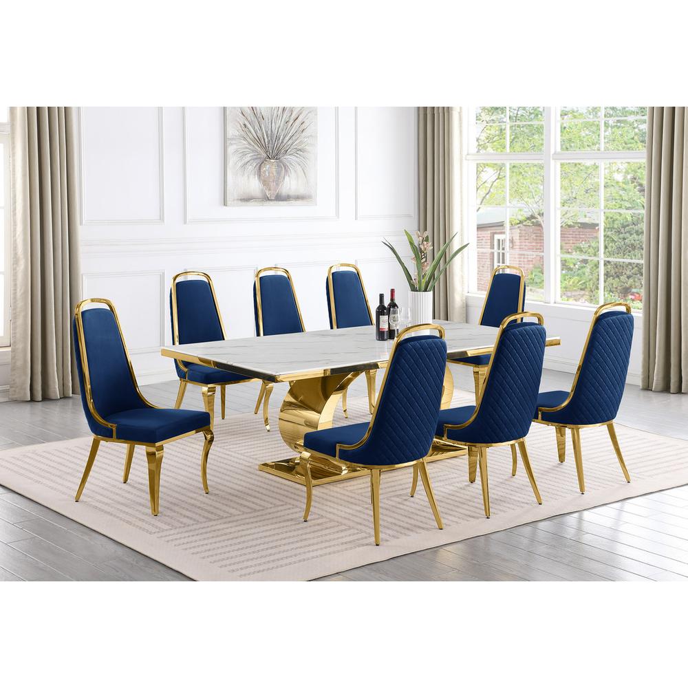 9pc Large(87″) marble top dining set with gold base and 8 Navy blue side chairs