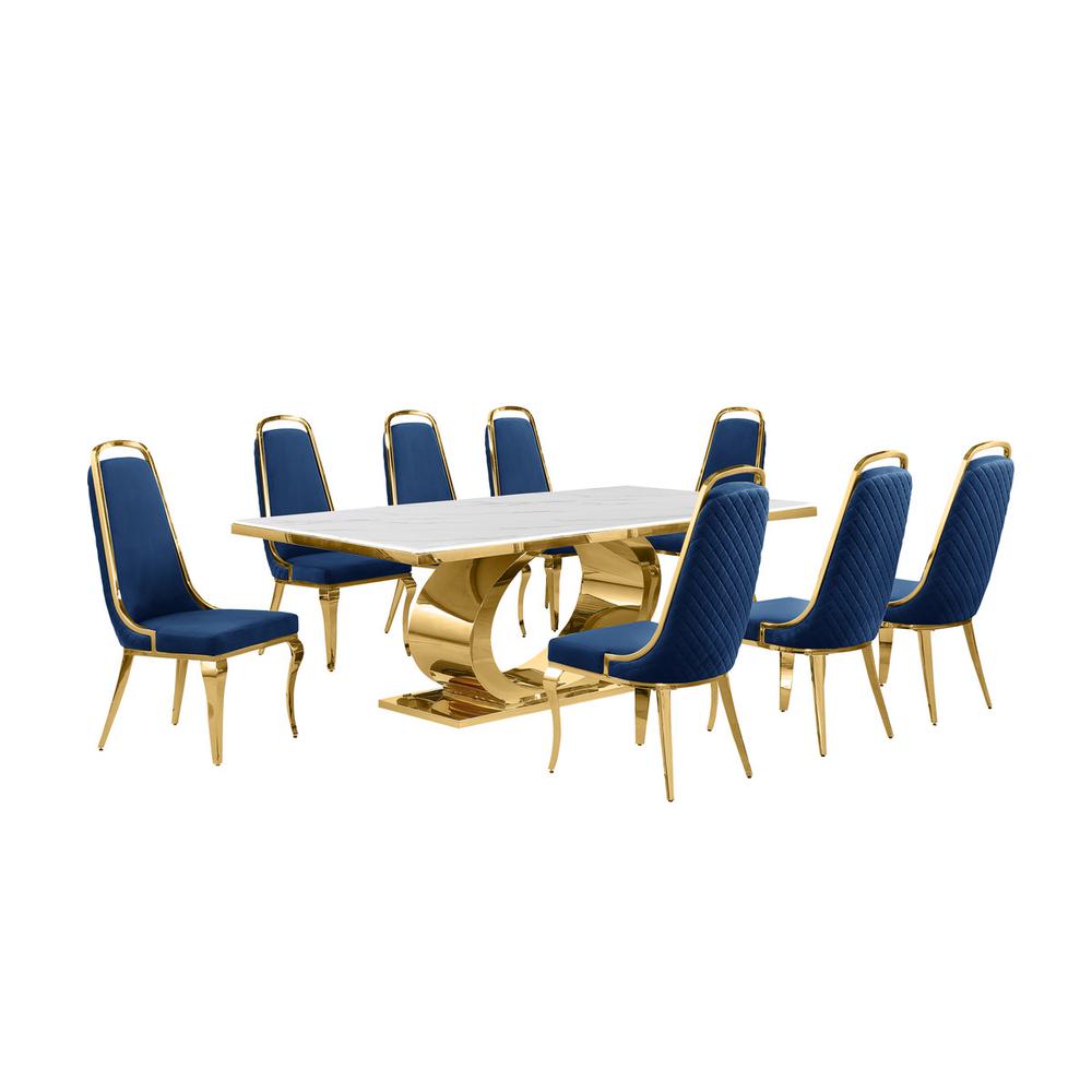 9pc Large(87″) marble top dining set with gold base and 8 Navy blue side chairs