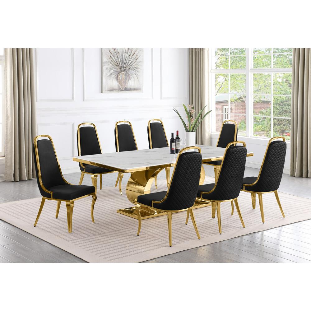 9pc Large(87″) marble top dining set with gold base and 8 Black side chairs