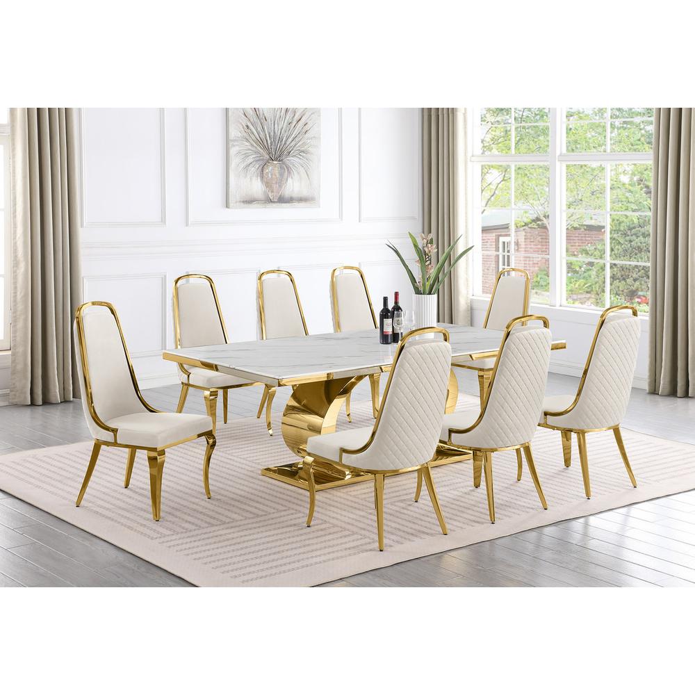 9pc Large(87″) marble top dining set with gold base and 8 Cream side chairs
