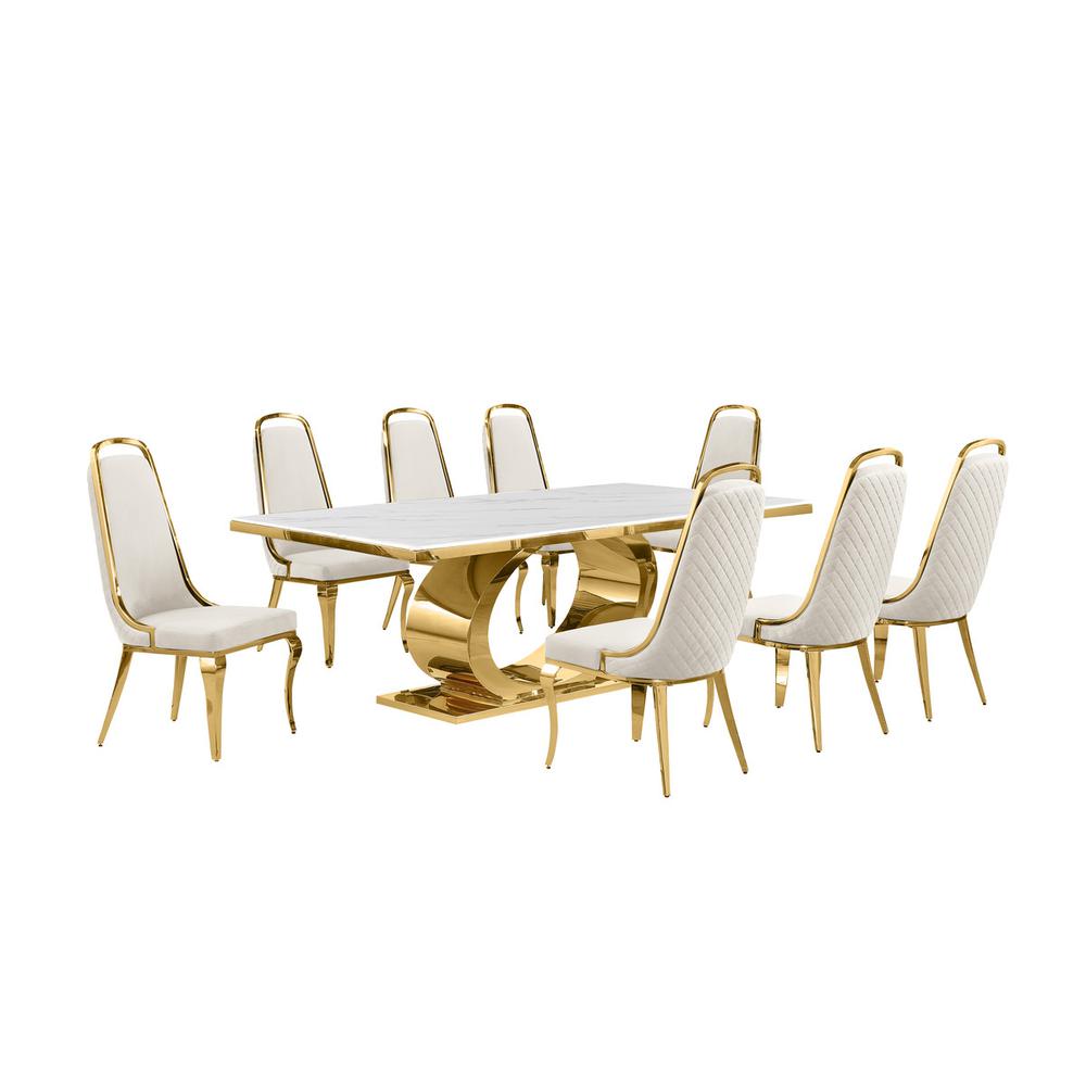 9pc Large(87″) marble top dining set with gold base and 8 Cream side chairs