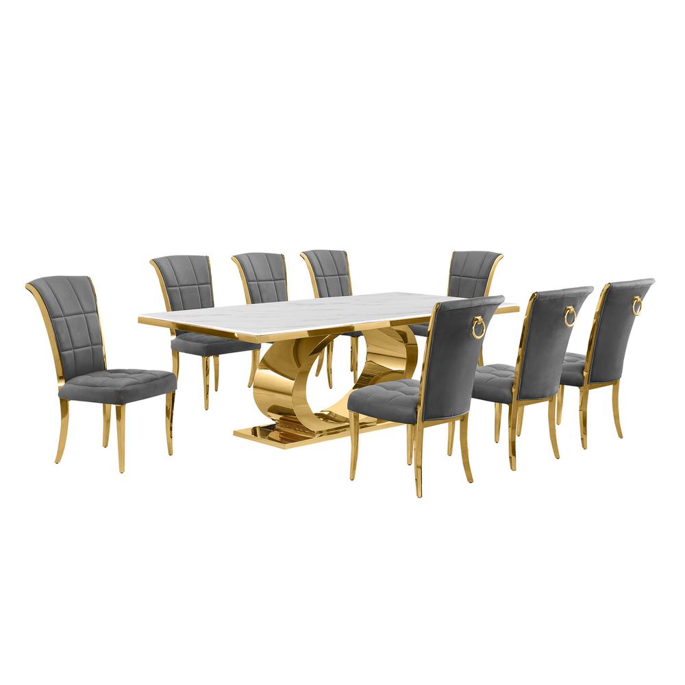 9pc Large(87″) marble top dining set with gold base and 8 Dark grey side chairs