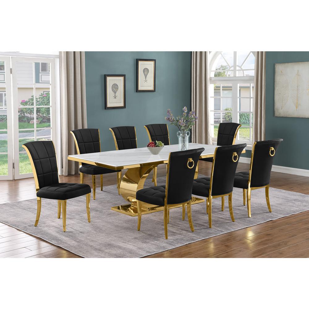 9pc Large(87″) marble top dining set with gold base and 8 Black side chairs