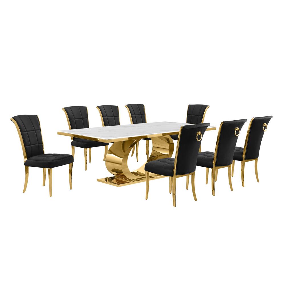 9pc Large(87″) marble top dining set with gold base and 8 Black side chairs