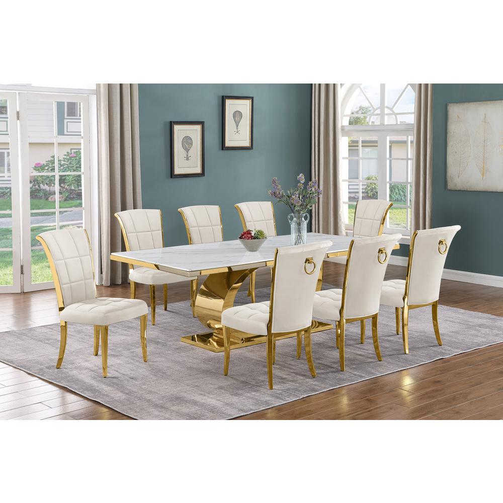 9pc Large(87″) marble top dining set with gold base and 8 Cream side chairs