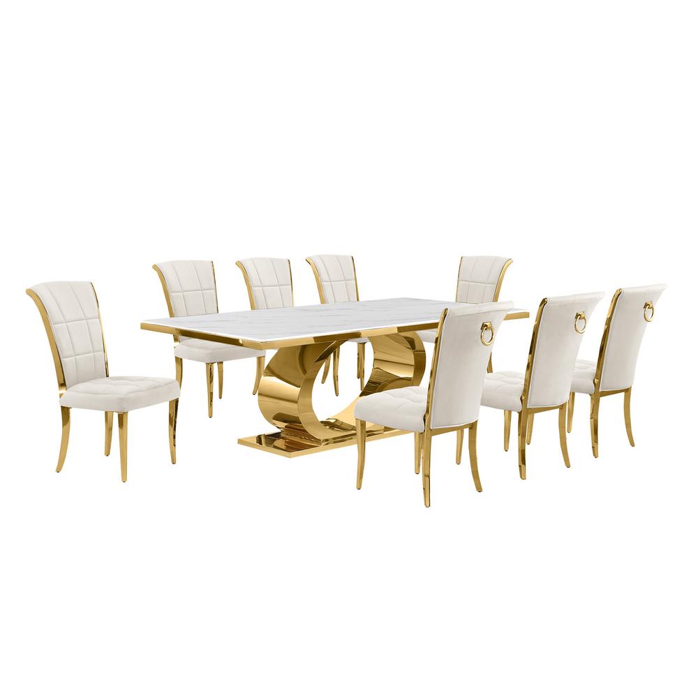9pc Large(87″) marble top dining set with gold base and 8 Cream side chairs