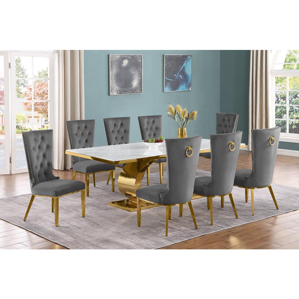 9pc Large(87″) marble top dining set with gold base and 8 Dark grey side chairs