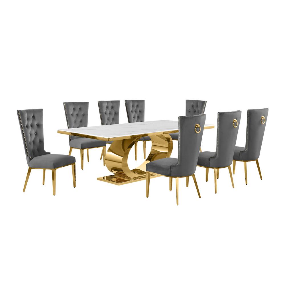 9pc Large(87″) marble top dining set with gold base and 8 Dark grey side chairs
