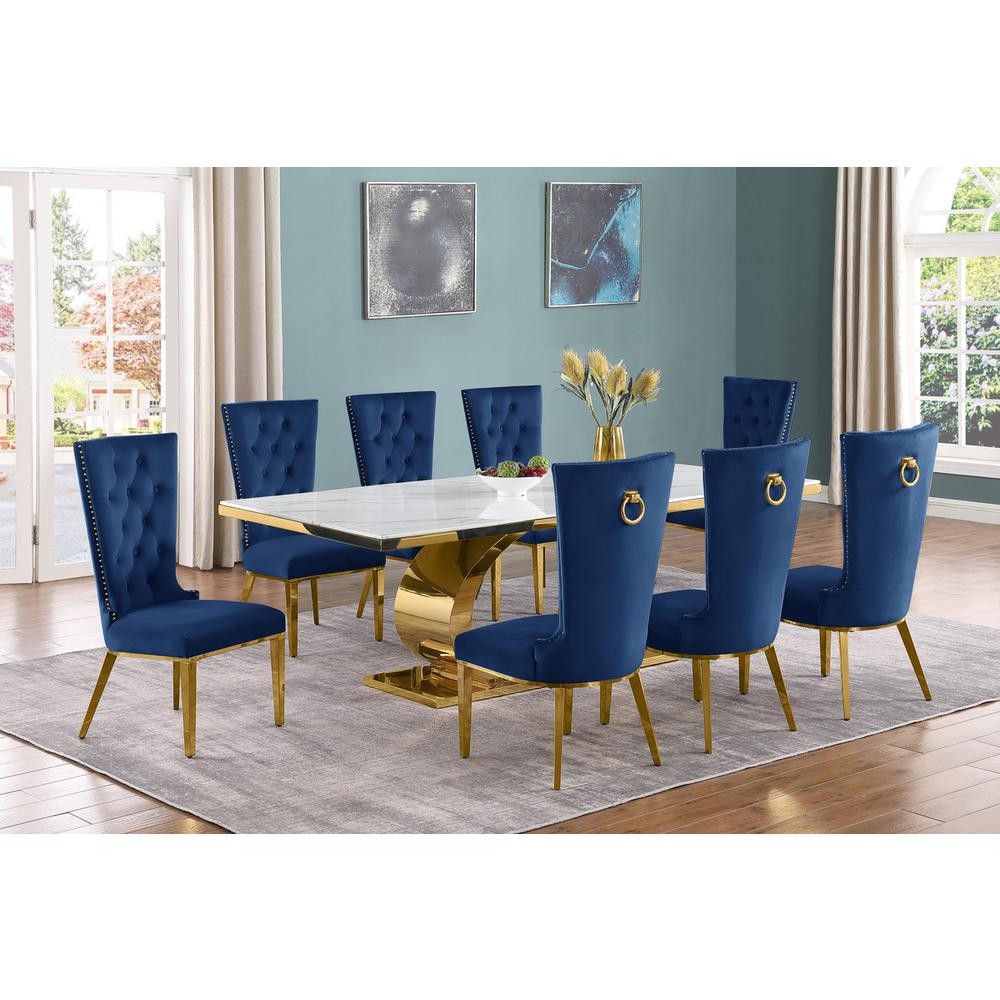 9pc Large(87″) marble top dining set with gold base and 8 Navy blue side chairs