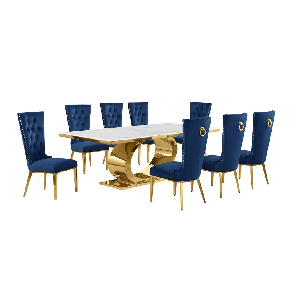 9pc Large(87″) marble top dining set with gold base and 8 Navy blue side chairs