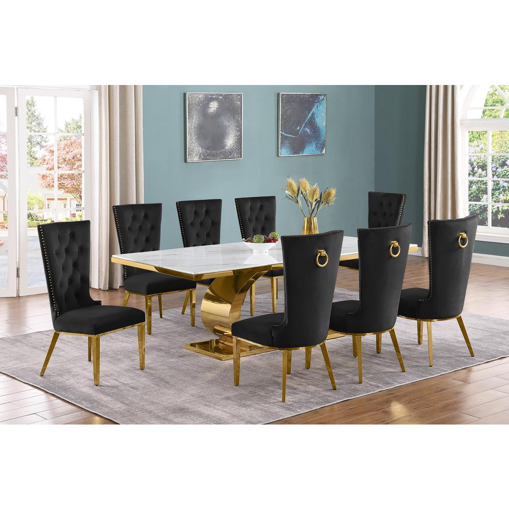 9pc Large(87″) marble top dining set with gold base and 8 Black side chairs