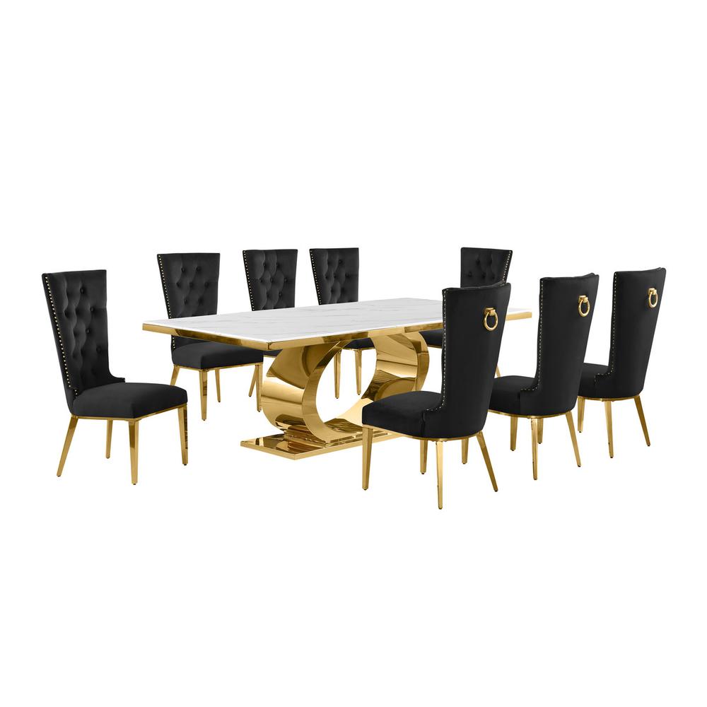 9pc Large(87″) marble top dining set with gold base and 8 Black side chairs