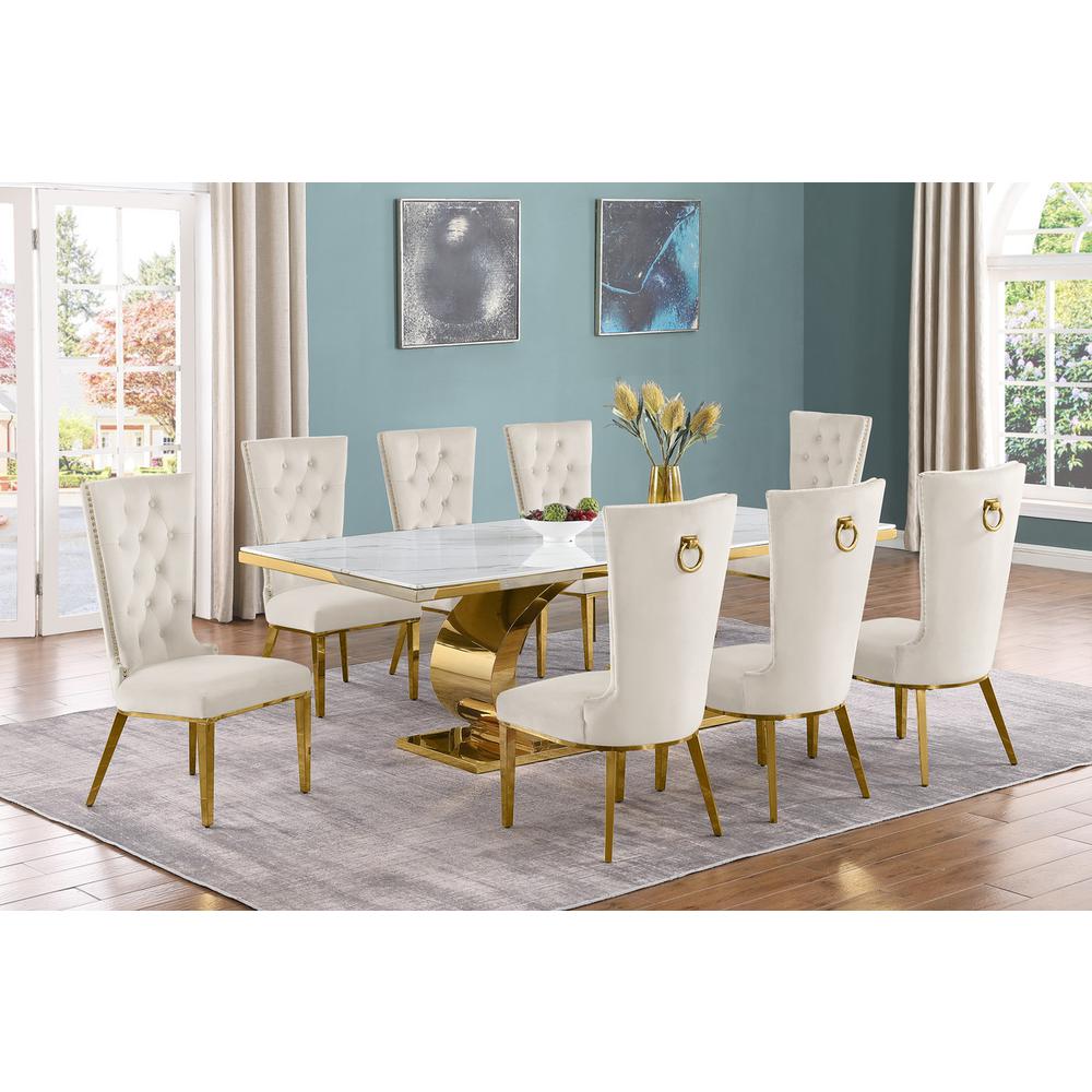 9pc Large(87″) marble top dining set with gold base and 8 Cream side chairs