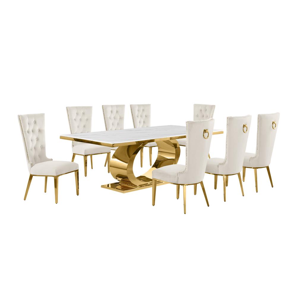 9pc Large(87″) marble top dining set with gold base and 8 Cream side chairs