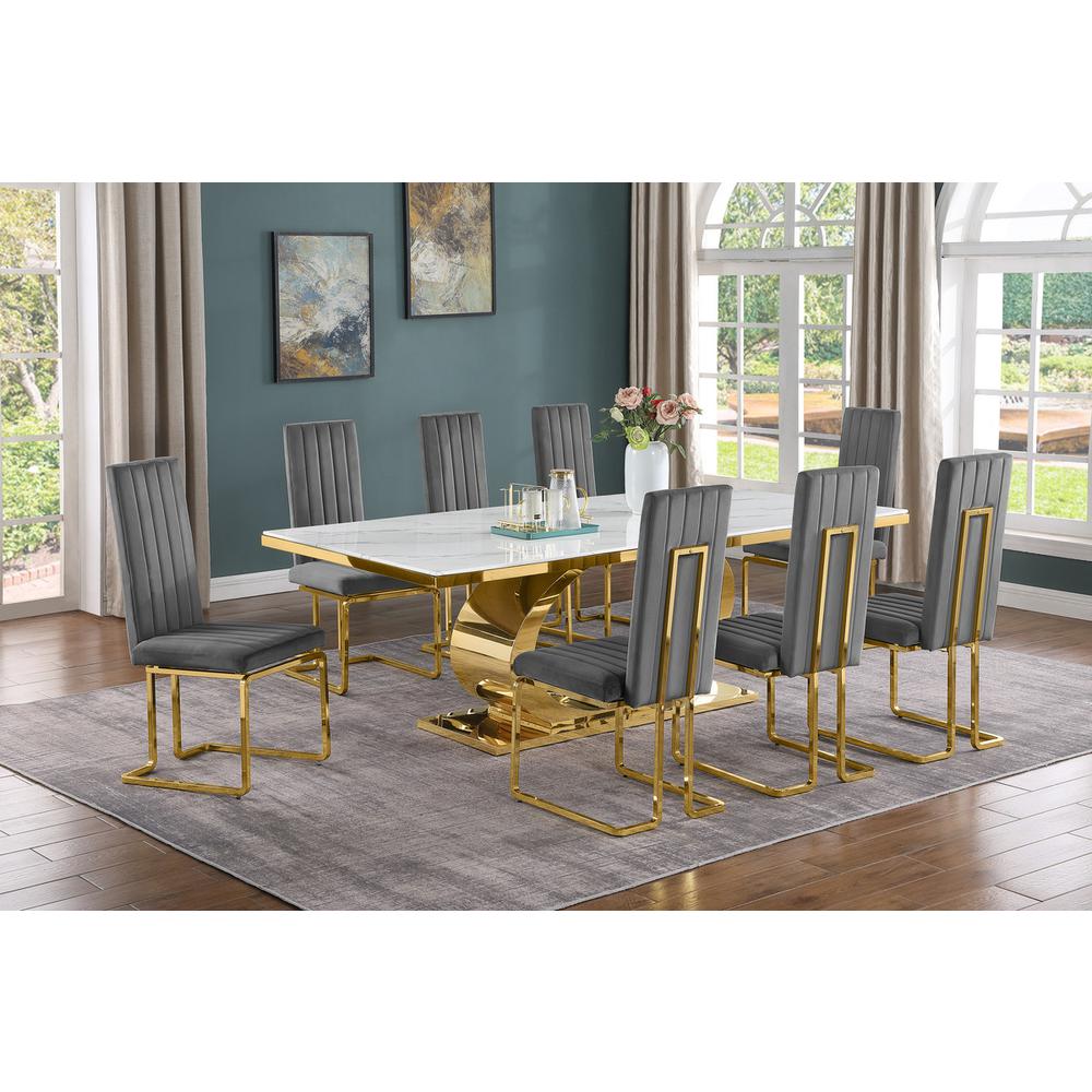 9pc Large(87″) marble top dining set with gold base and 8 Dark side chairs
