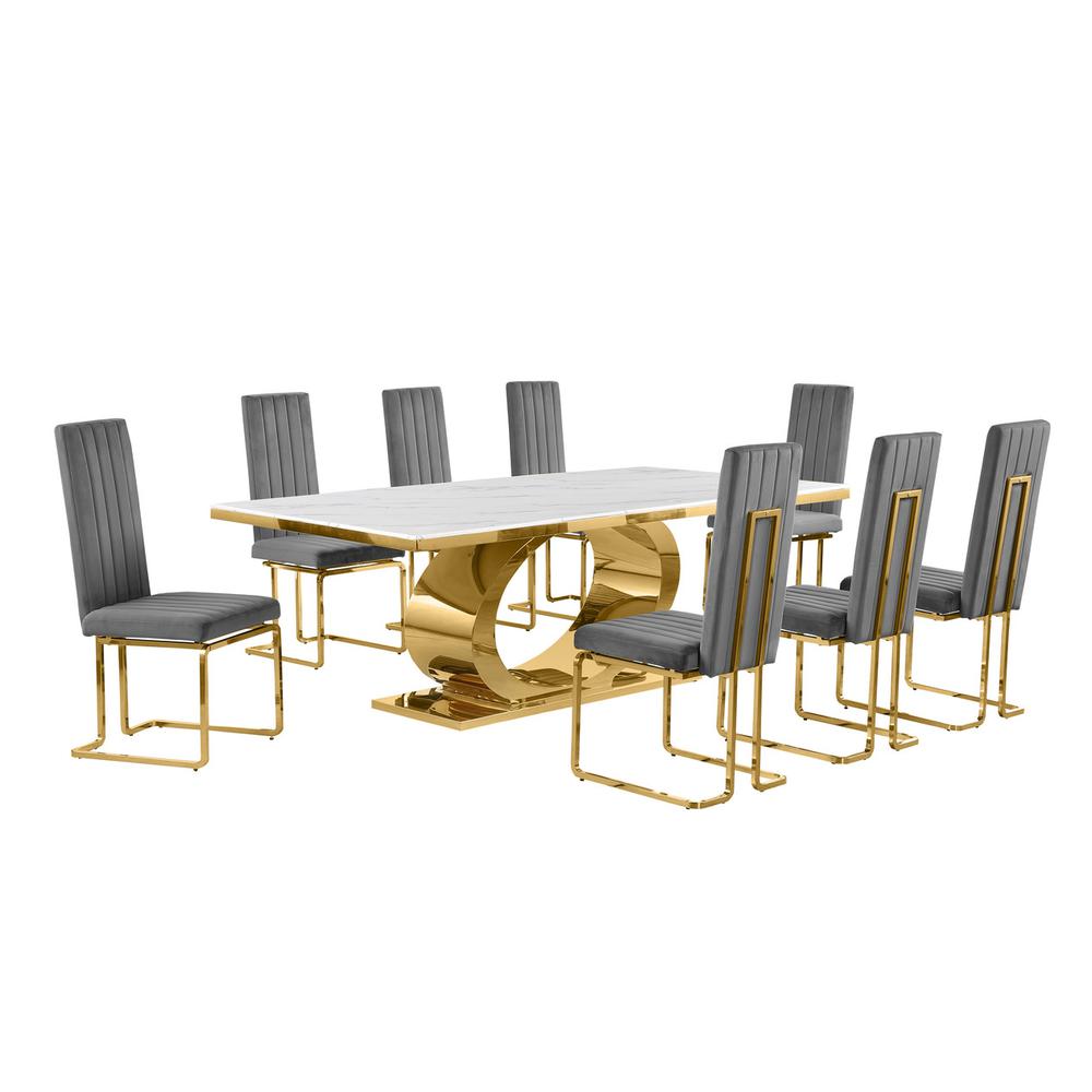 9pc Large(87″) marble top dining set with gold base and 8 Dark side chairs