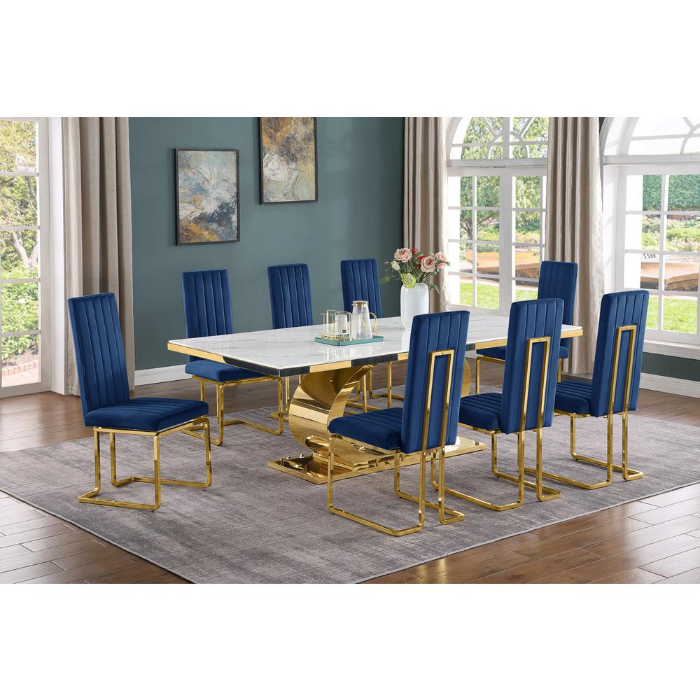 9pc Large(87″) marble top dining set with gold base and 8 Navy blue side chairs