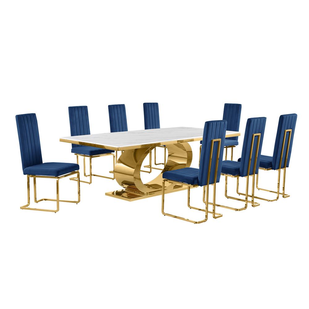 9pc Large(87″) marble top dining set with gold base and 8 Navy blue side chairs