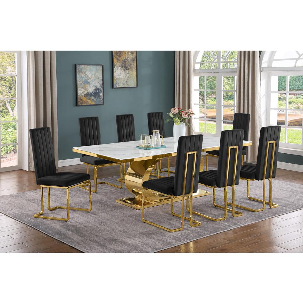 9pc Large(87″) marble top dining set with gold base and 8 Black side chairs