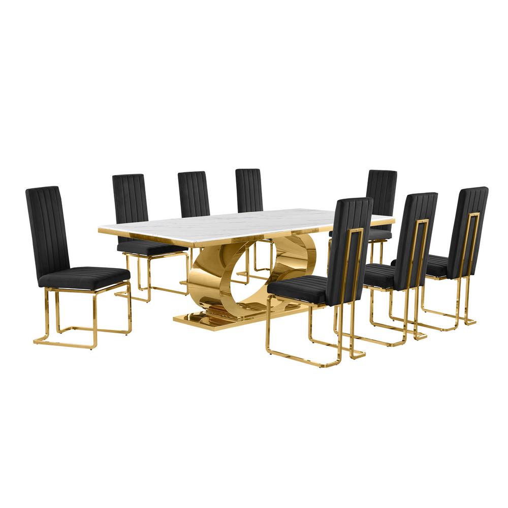 9pc Large(87″) marble top dining set with gold base and 8 Black side chairs