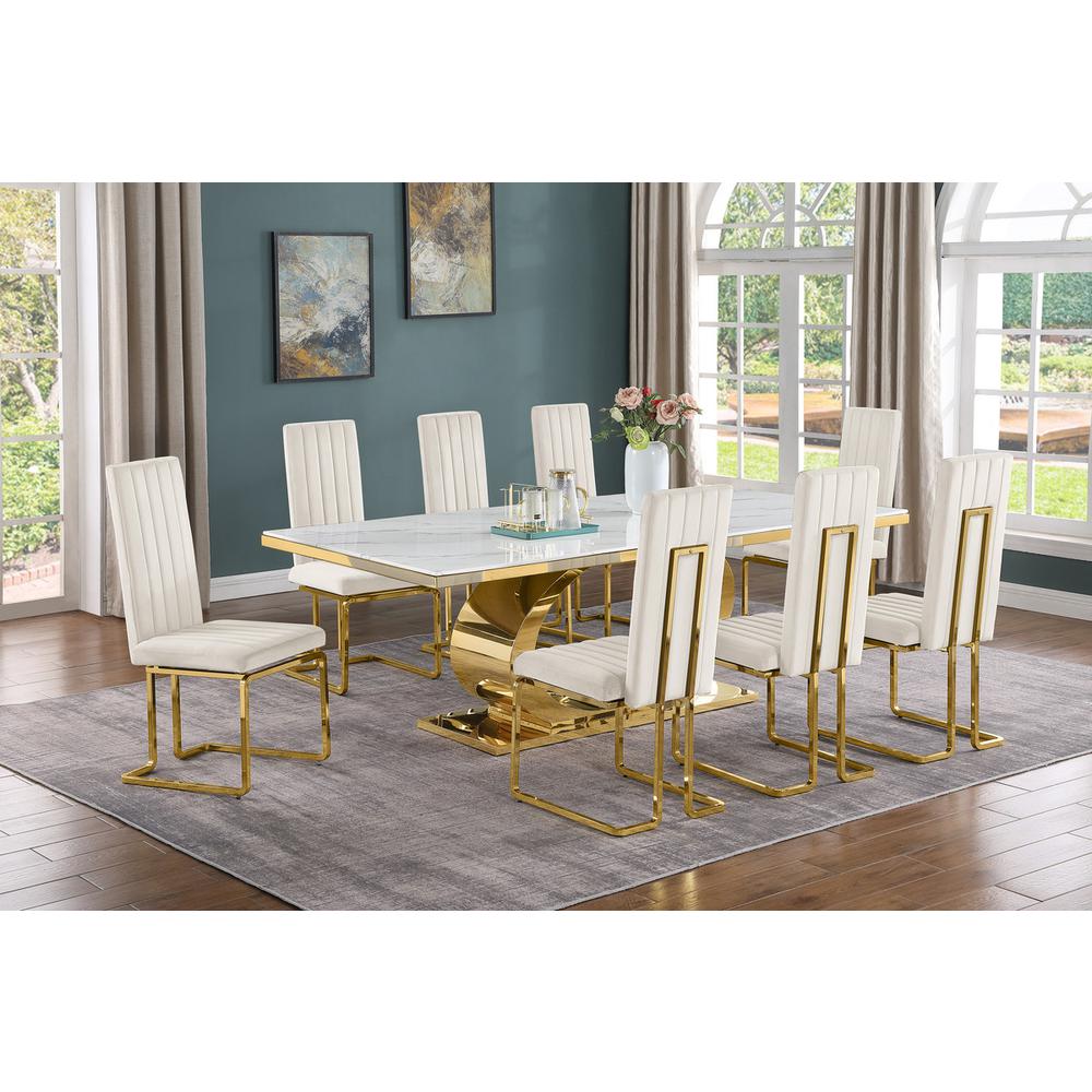 9pc Large(87″) marble top dining set with gold base and 8 Cream side chairs