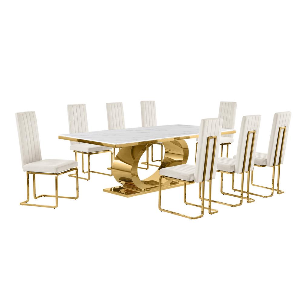 9pc Large(87″) marble top dining set with gold base and 8 Cream side chairs