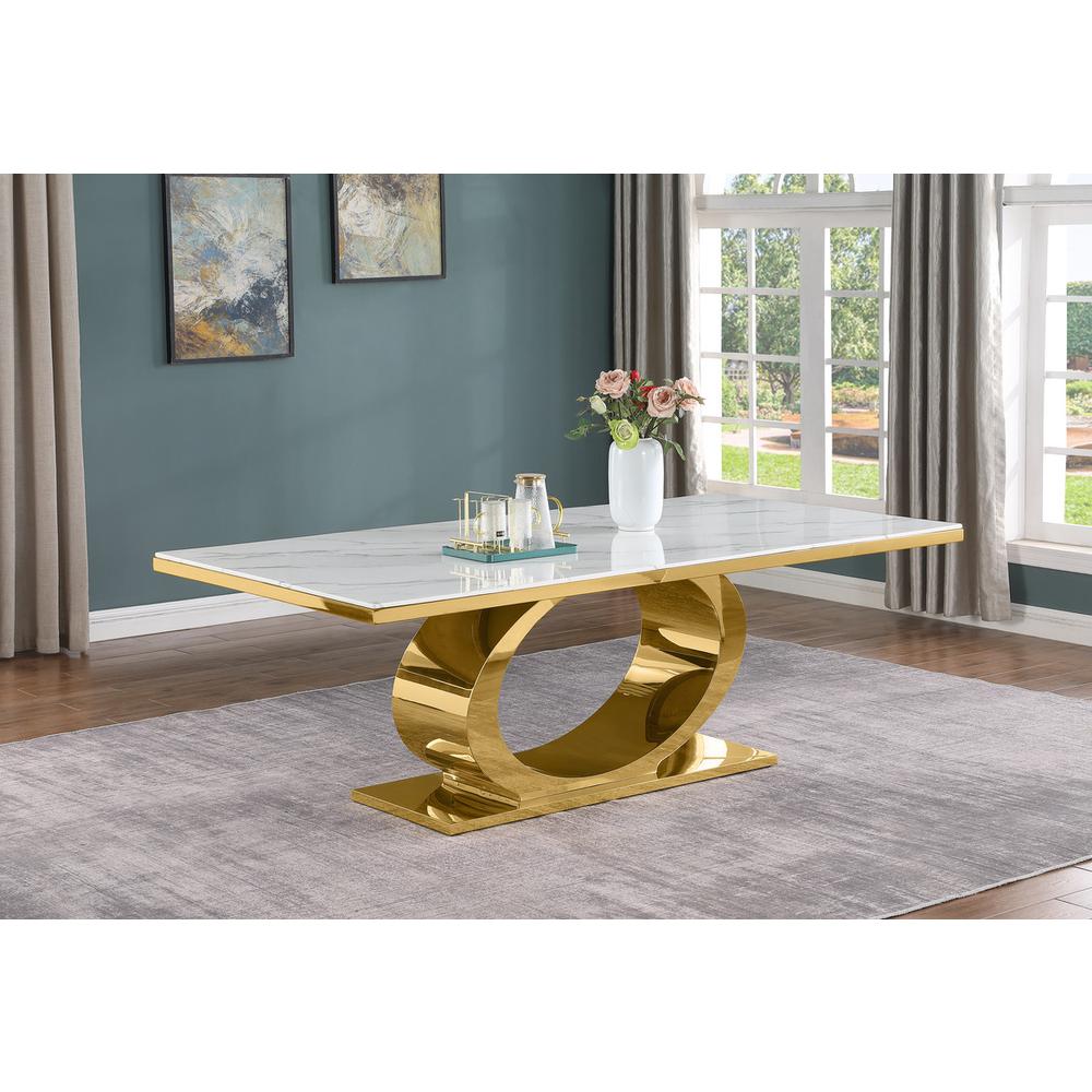 9pc Large(87″) marble top dining set with gold base and 8 Dark grey side chairs