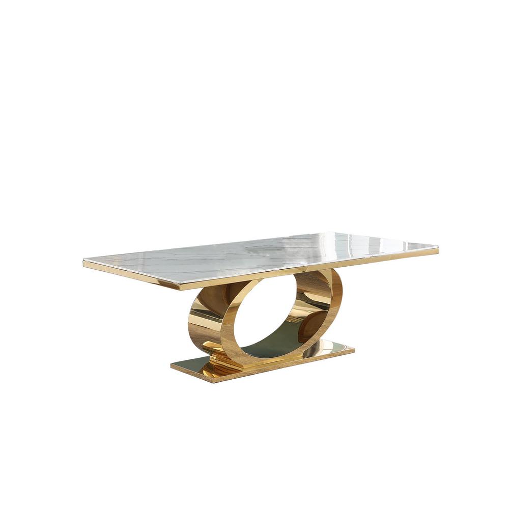 Large 87″ Rectangular marble top dining table with a gold color base