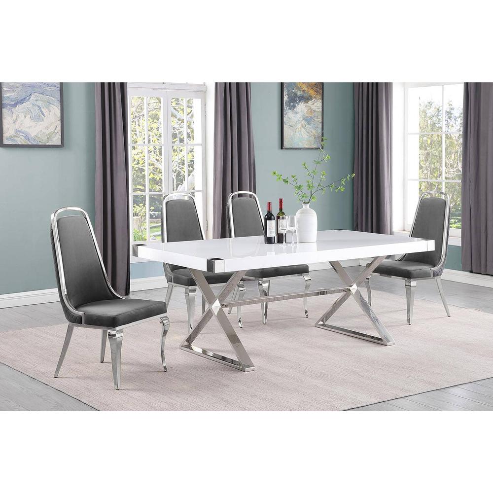 5pc Small(78″) white wood top dining set with silver base and 4 side chairs