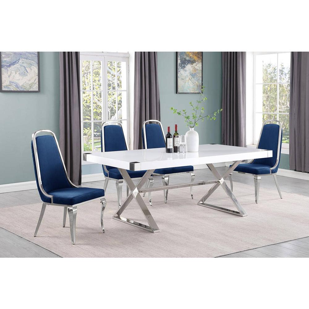 5pc Small(78″) white wood top dining set with silver base and 4 side chairs