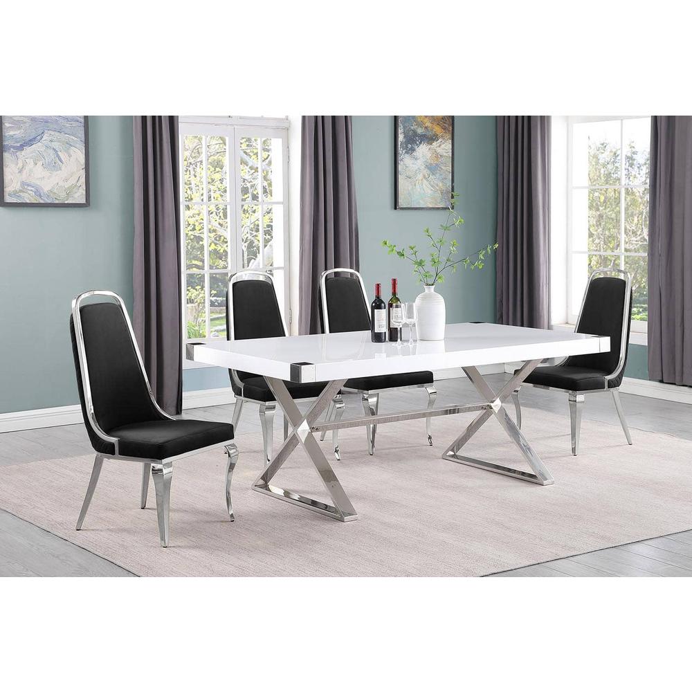 5pc Small(78″) white wood top dining set with silver base and 4 side chairs