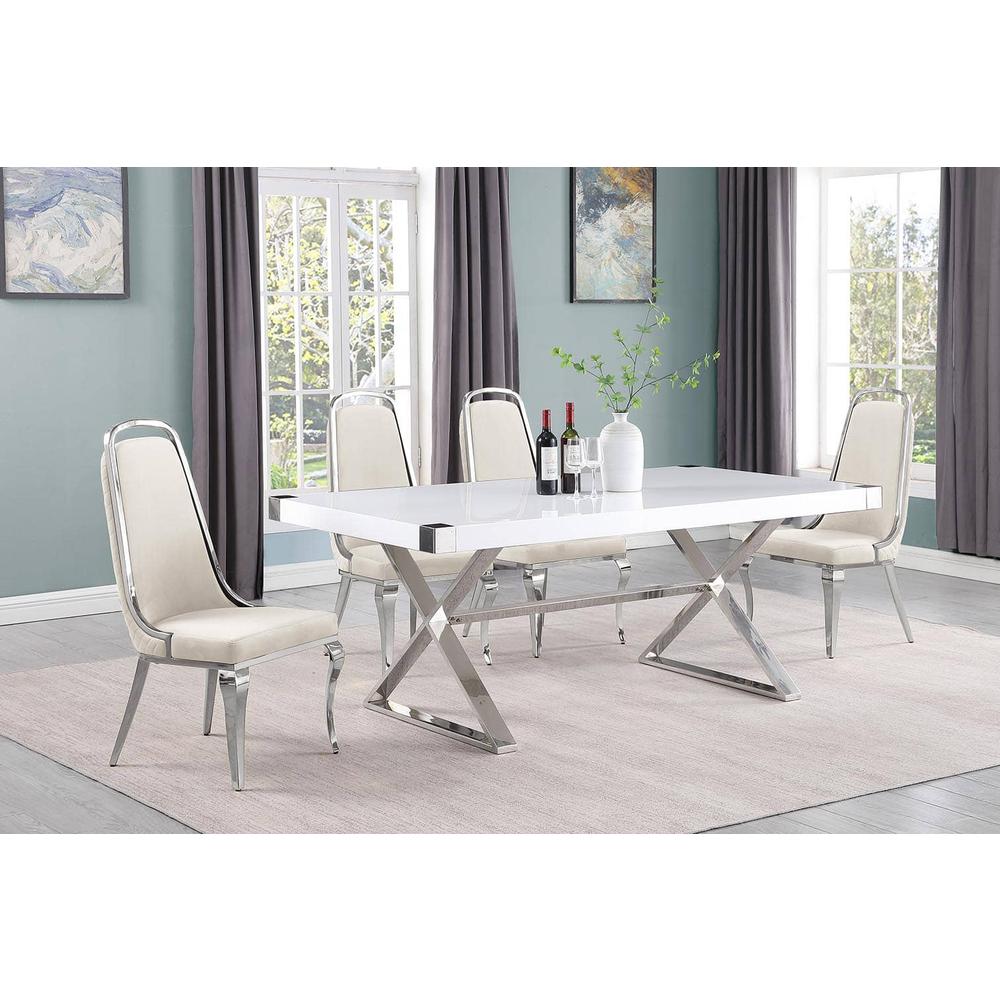 5pc Small(78″) white wood top dining set with silver base and 4 side chairs