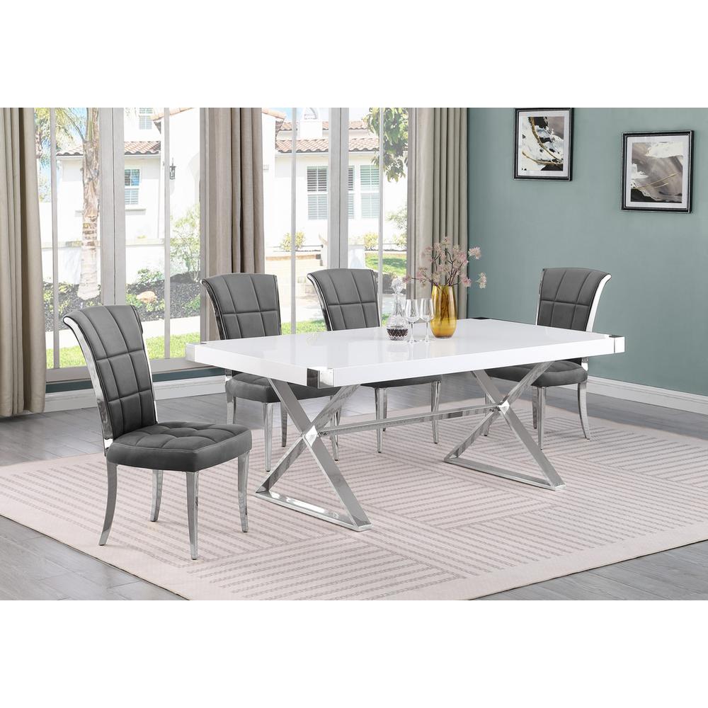 5pc Small(78″) white wood top dining set with silver base and 4 chairs