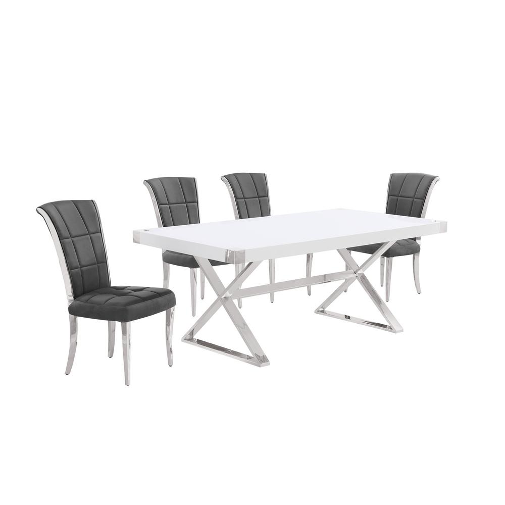 5pc Small(78″) white wood top dining set with silver base and 4 chairs
