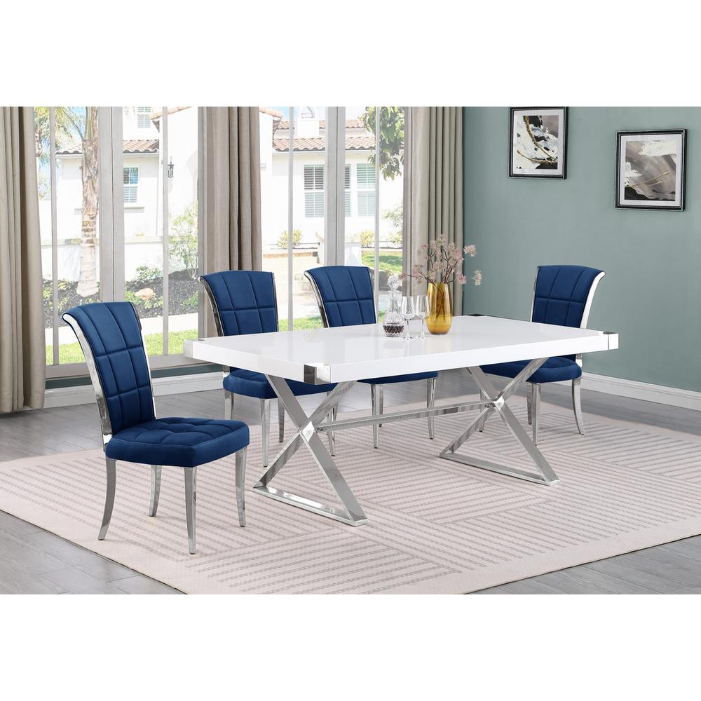 5pc Small(78″) white wood top dining set with silver base and 4 chairs