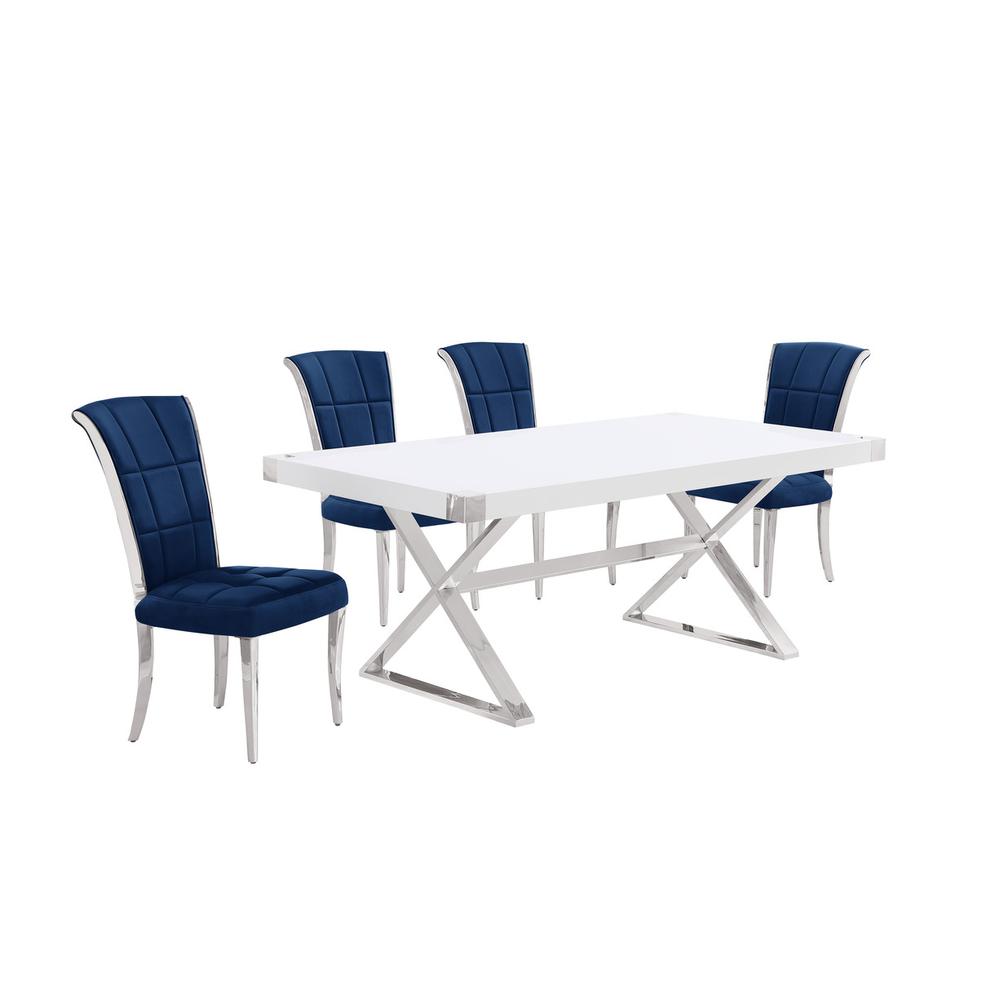 5pc Small(78″) white wood top dining set with silver base and 4 chairs