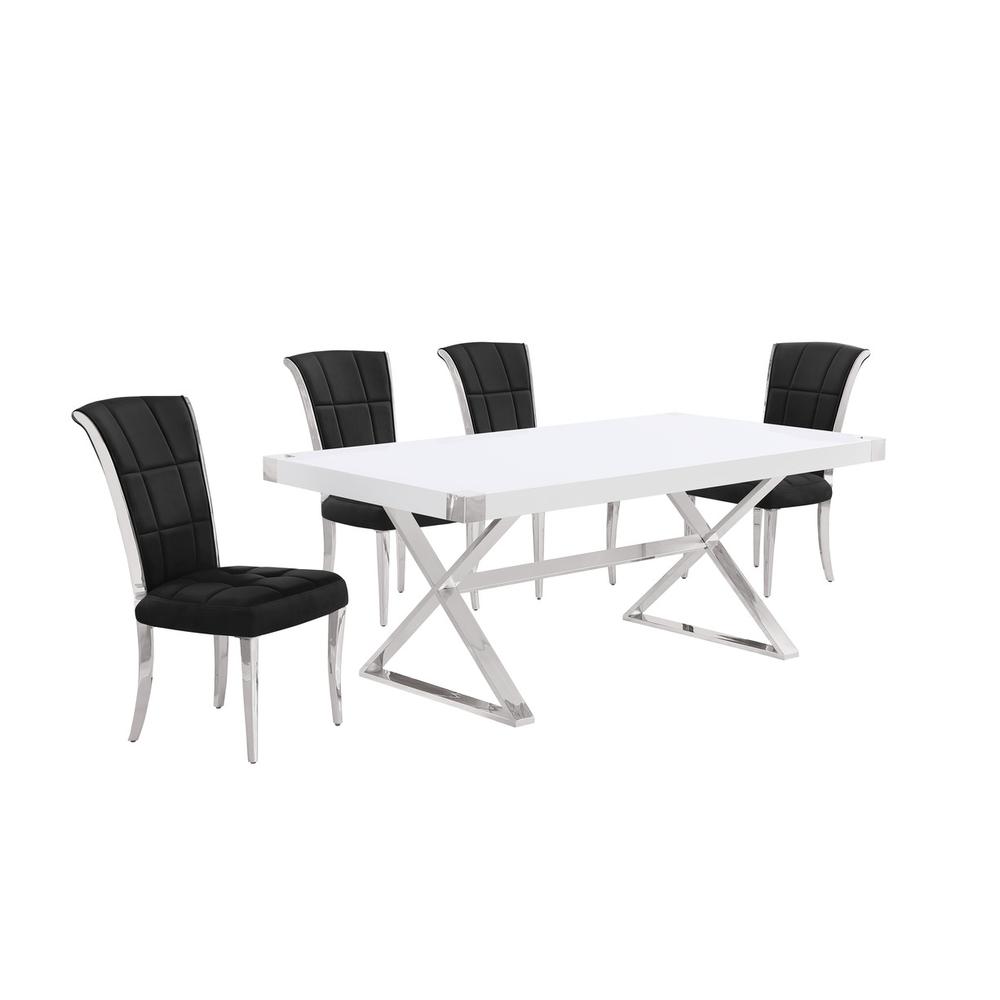 5pc Small(78″) white wood top dining set with silver base and 4 chairs