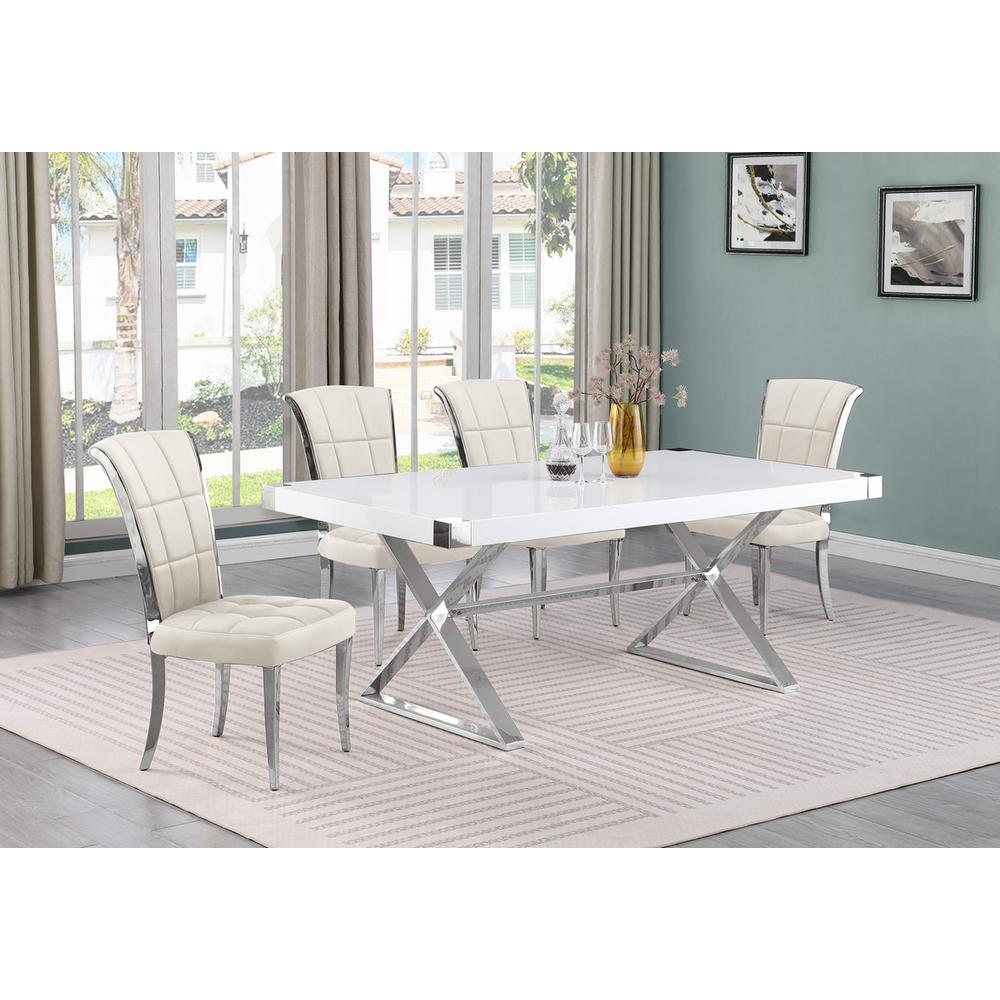 5pc Small(78″) white wood top dining set with silver base and 4 chairs