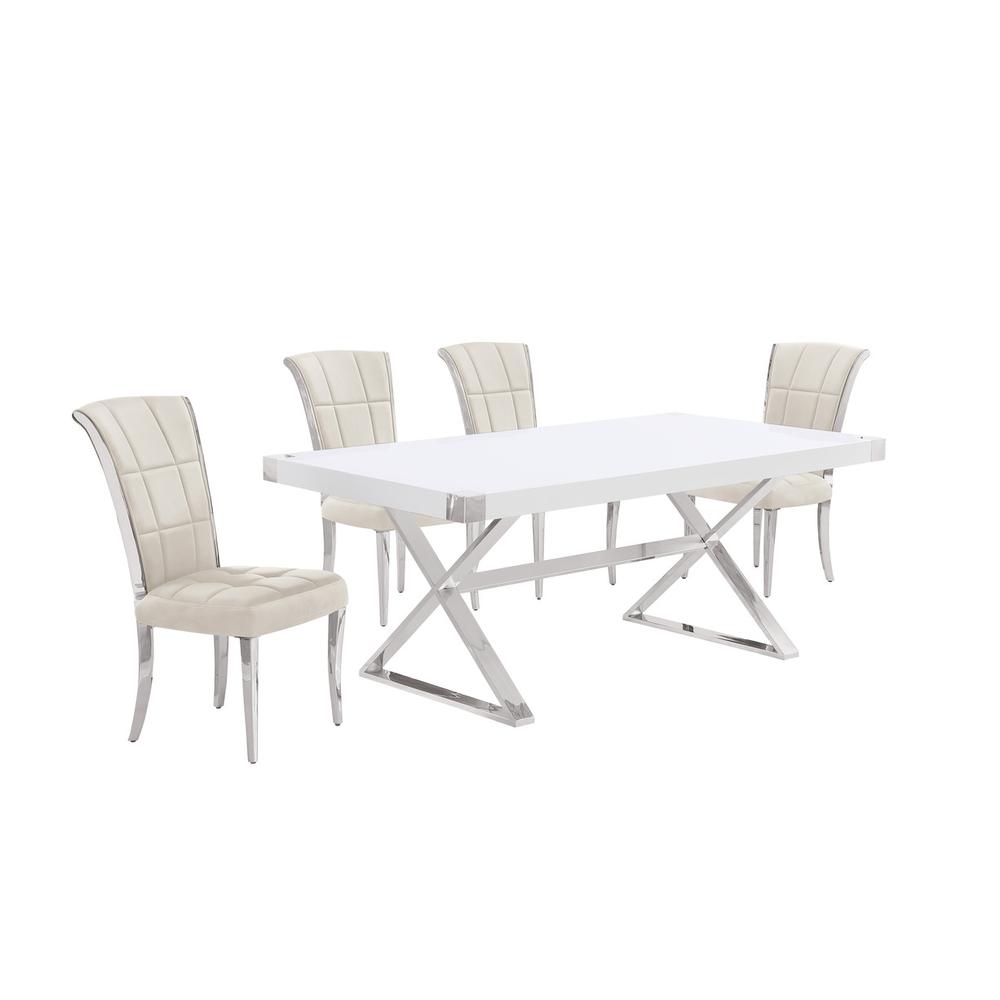 5pc Small(78″) white wood top dining set with silver base and 4 chairs