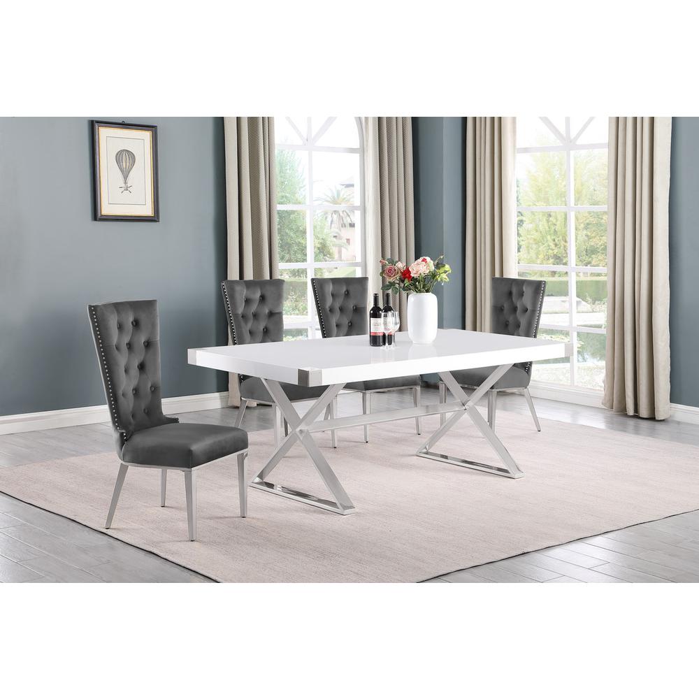 5pc Small(78″) white wood top dining set with silver base and 4 chairs